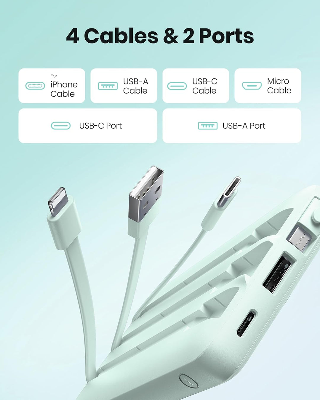 Coowisty Cargador portátil con cables incorporados, banco de energí...