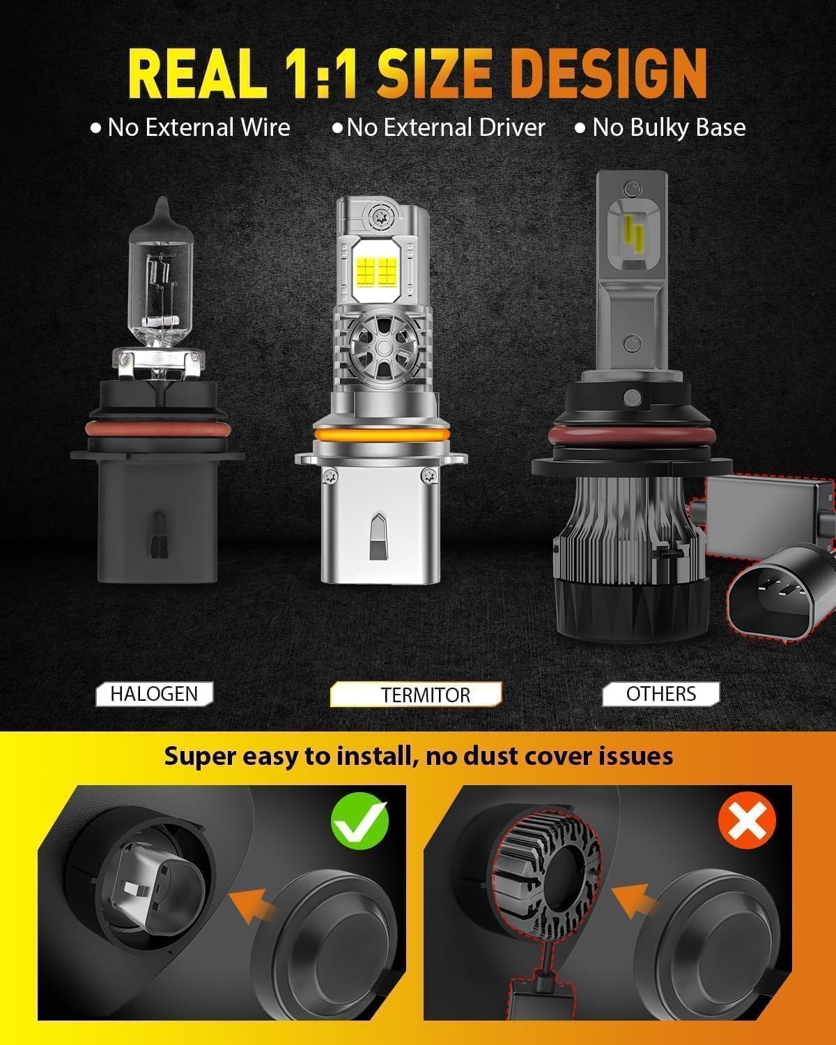 Termitor - Bombilla LED 9007/HB5 de alto rendimiento para kits de iluminación de coche HID todoterreno, brillo de 120,000 lúmenes, luz blanca brillante de 6500 K, fácil instalación, 85 K+ horas de