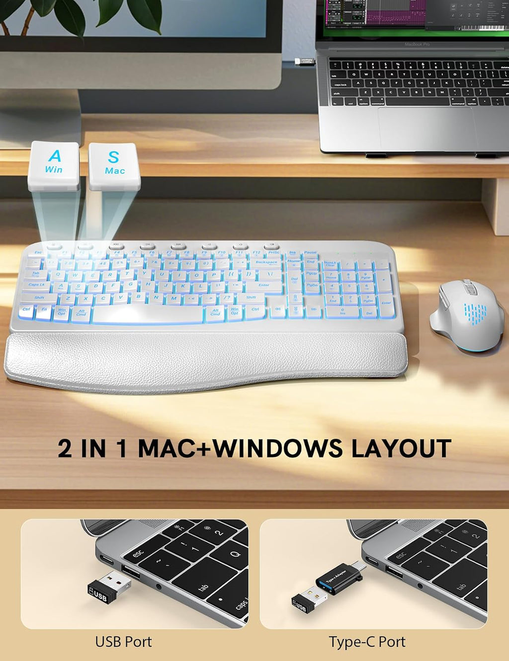 SABLUTE Combo de teclado y mouse inalámbricos, onda ergonómica, Blanco