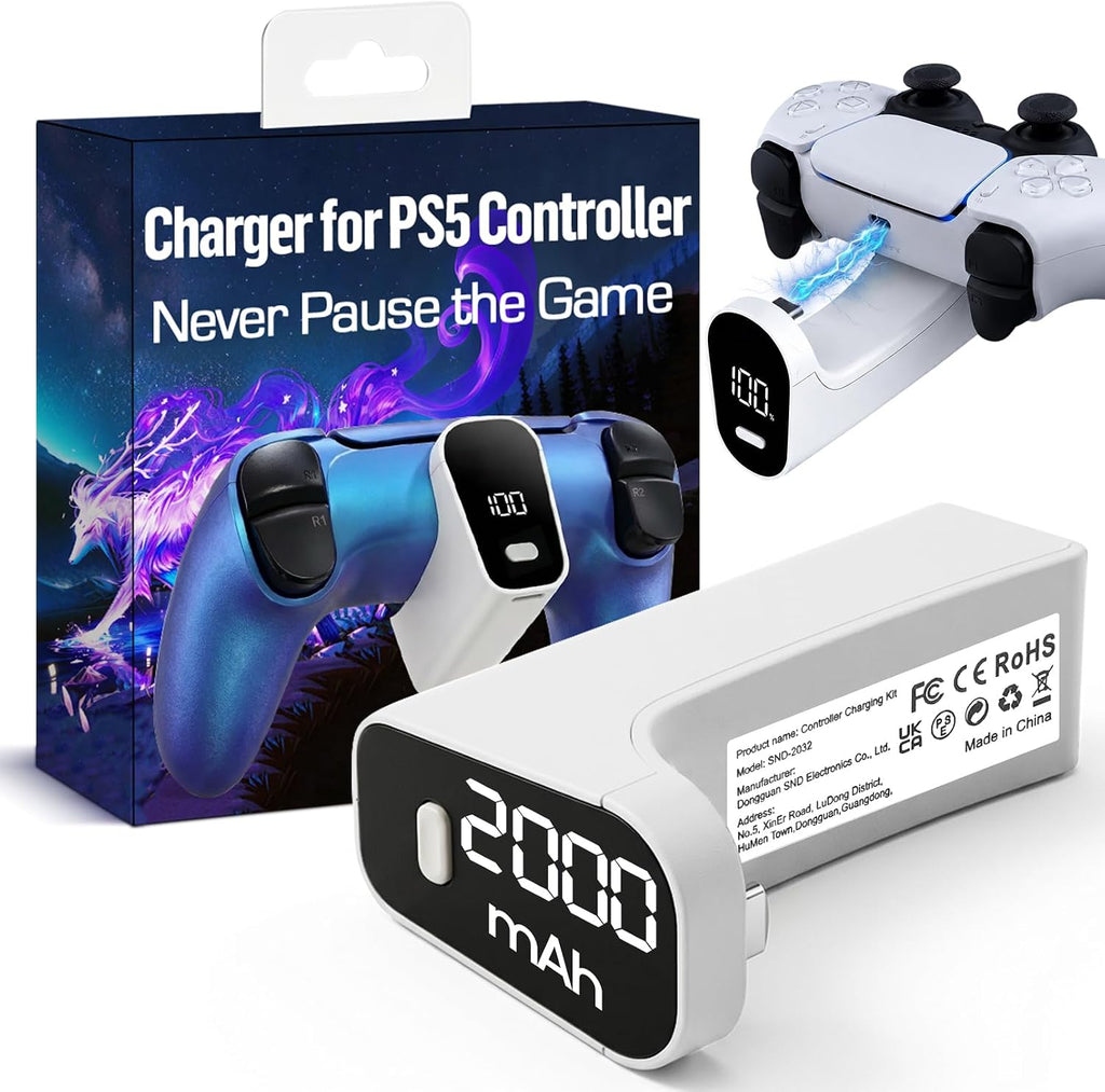 Wireless Charger para PS5 Controller con 2000mAh Battery Pack, Play While carga para PlayStation 5 Controller Charger LED Display 12H Extended Playtime Light Portable