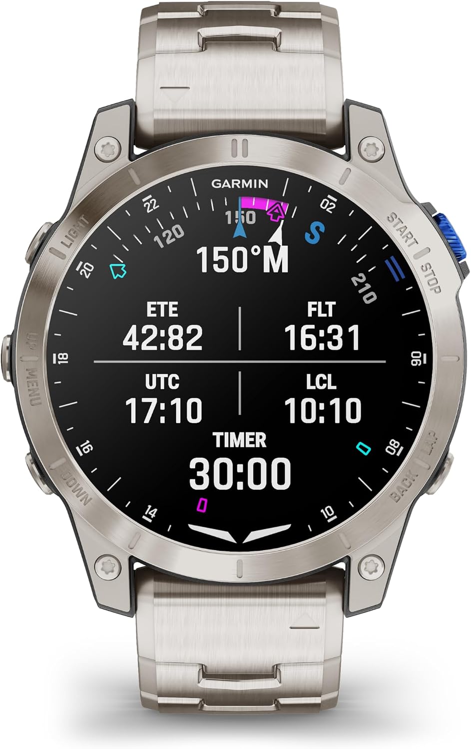 Garmin D2™ Mach 1, reloj inteligente aviador con pantalla táctil con mapa móvil GPS, tiempo de aviación, características de salud y bienestar y más, pulsera de titanio ventilada