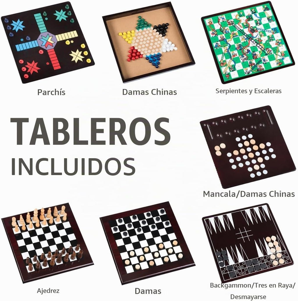 Juego de mesa 15 en 1, tablero con detalles en madera, juego con cajón de almacenamiento, juegos: damas, ajedrez, damas, parcheesi chino, tictactoe, solitario, serpientes y escaleras, mancala, backgammon, dados, juego de cartas de póquer, Dominos y otros