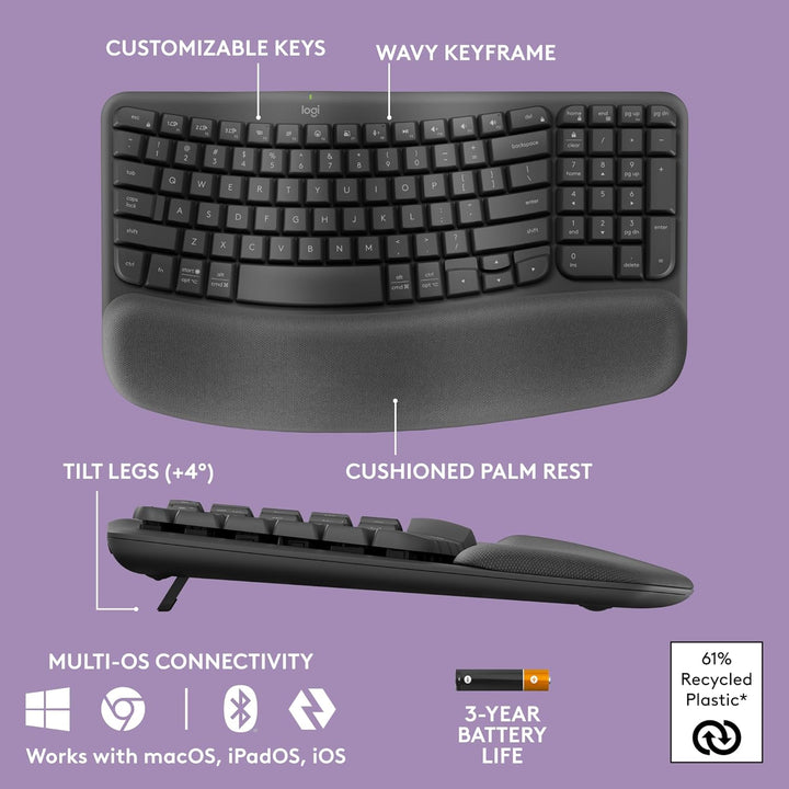 Logitech Wave Keys - Teclado Inalámbrico Ergonómico con Reposamuñec...