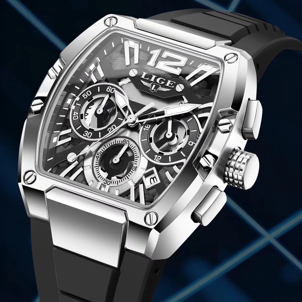 LIGE Reloj Hombre Skeleton Tonneau Cuadrado Cronógrafo Acero Inoxidable
