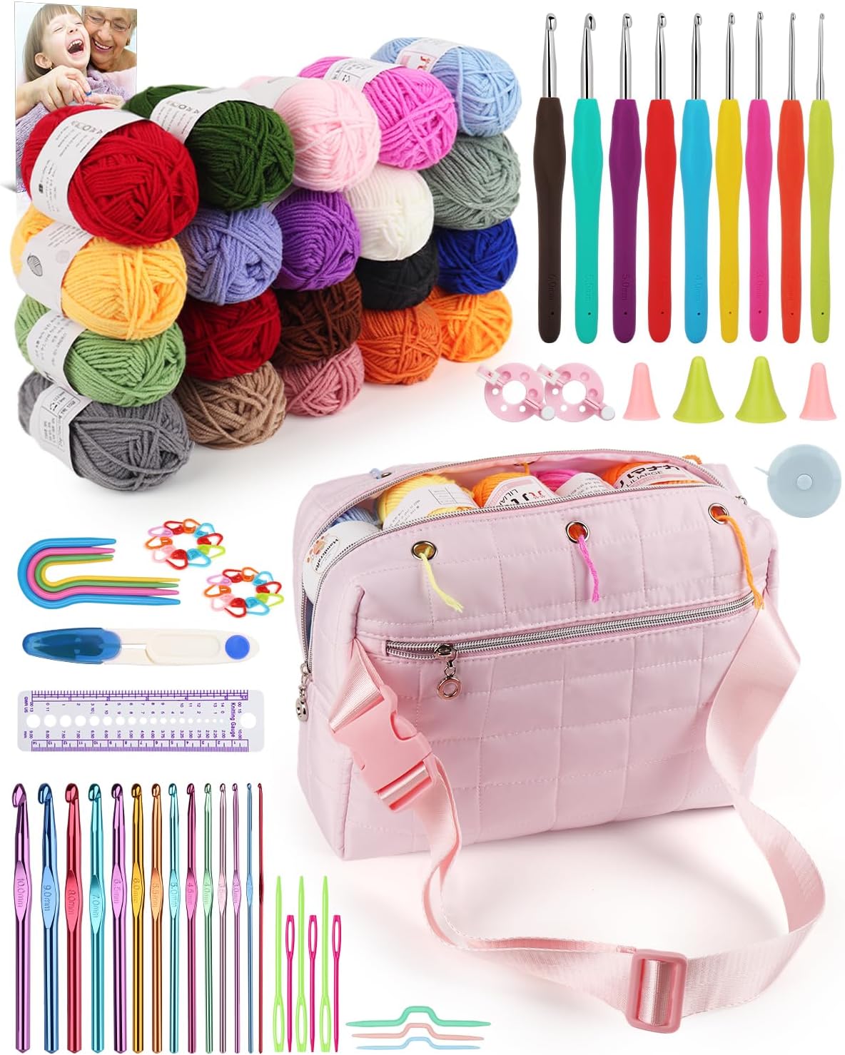 Aeelike - Kit de ganchillo para adultos principiantes, kit completo de hilo, color rosa