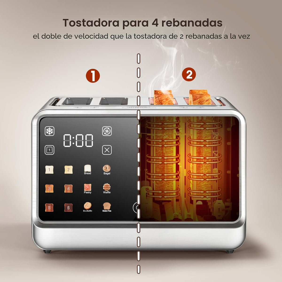 Tostadora de 4 rebanadas, tostadora de doble zona con pantalla