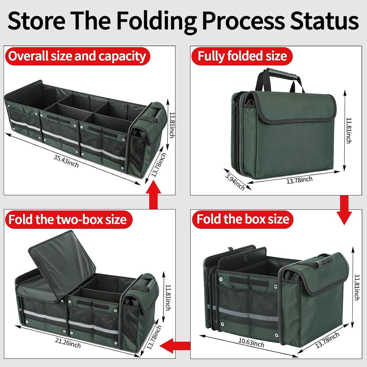 Organizador de maletero de automóvil con bolsa enfriadora extraíble, almacenamiento plegable con múltiples compartimentos para SUV, camión, comestibles, campamento, organizador de carga de nailon duradero (verde)