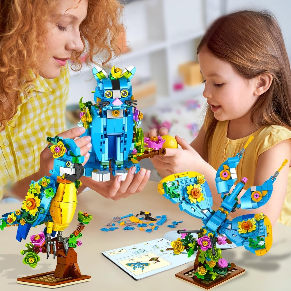 Juego de construcción 3 en 1 diseño de flores gatos loros