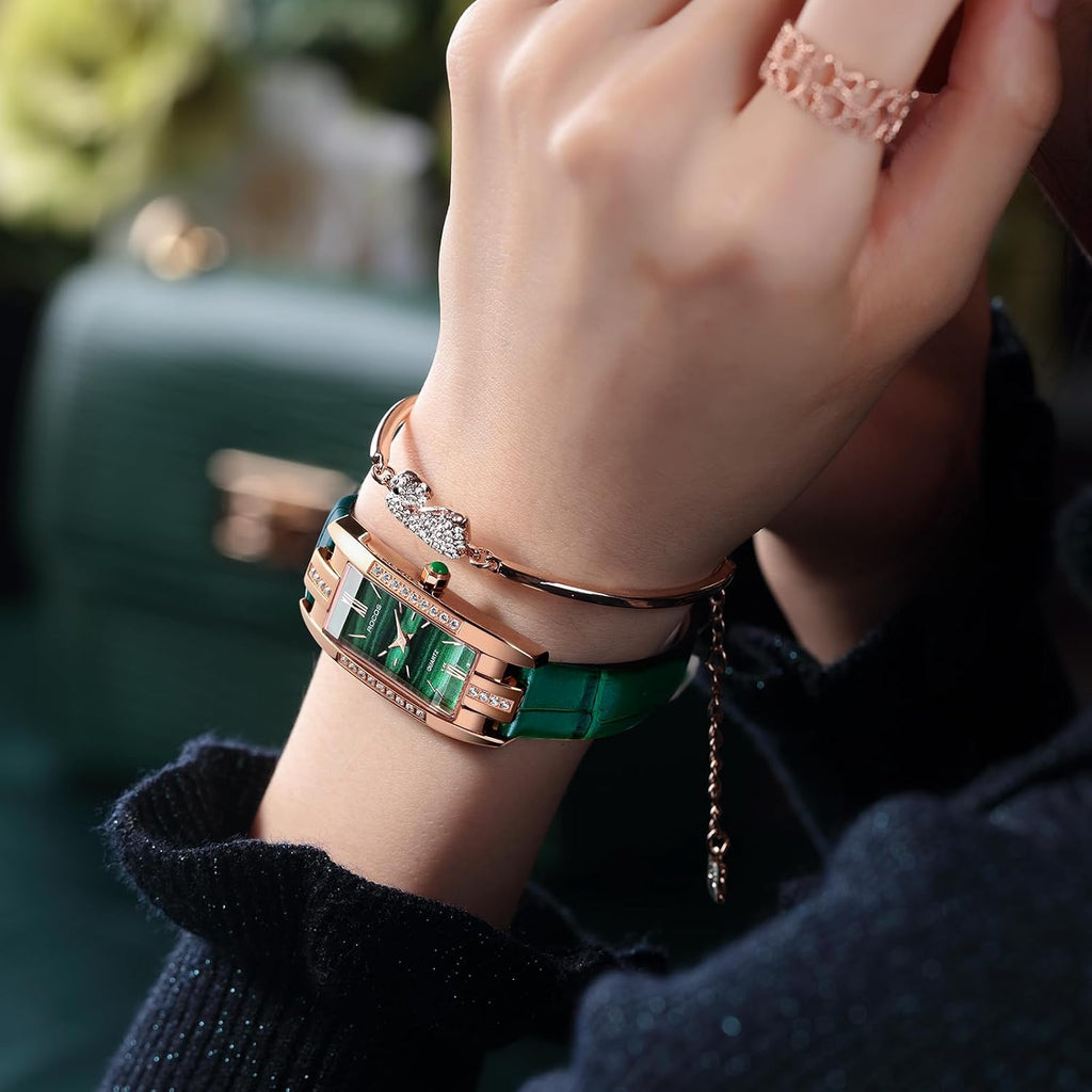 ROCOSJEWE Reloj Elegante para Mujer - Esfera Verde Correa de Cuero Caja en Oro Rosa, Reloj Analógico de Cuarzo Vestido, Reloj de Pulsera Impermeable de Moda Regalo para Mujer RW0209S