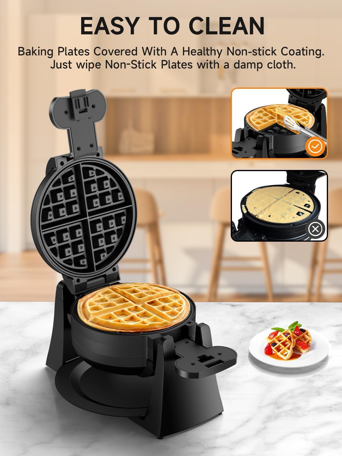 Waffle Maker, Plancha para gofres belga doble de 1400W, volteo de 180°, 8 rebanadas, placas giratorias y antiadherentes, bandeja para goteo removible para fácil limpieza, mangos de toque frío