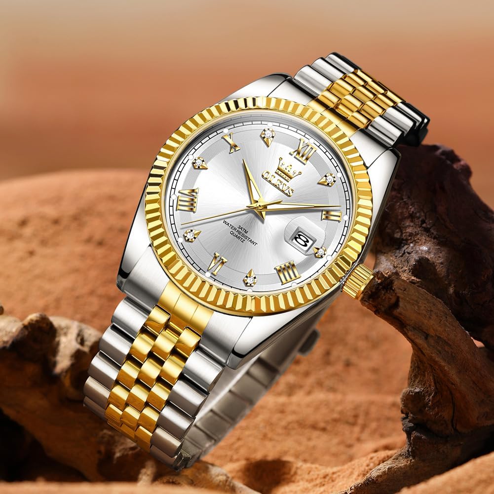 OLEVS Reloj Clásico para Hombre Diamante Analógico Lujo Acero Inoxidable a Dos Tonos Resistente al Agua con Fecha Luminous para Hombres