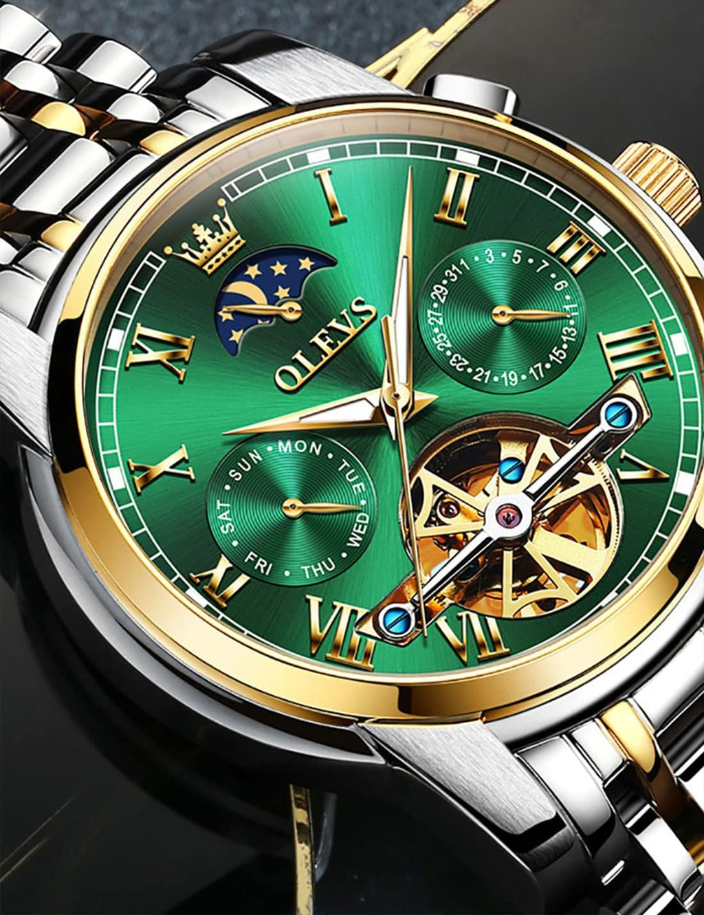 OLEVS Relojes automáticos de cuerda automática para hombre, calendario de fecha, día de día, reloj de acero inoxidable, movimiento de esqueleto, Tourbillon, sin batería, relojes impermeables para hombre, Un reloj verde, redondo, Reloj de esqueleto