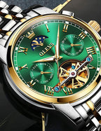 OLEVS Relojes automáticos de cuerda automática para hombre, calendario de fecha, día de día, reloj de acero inoxidable, movimiento de esqueleto, Tourbillon, sin batería, relojes impermeables para hombre, Un reloj verde, redondo, Reloj de esqueleto