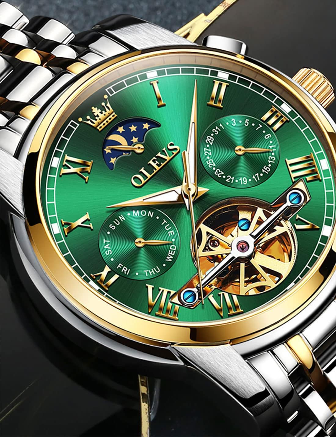 OLEVS Relojes automáticos de cuerda automática para hombre, calendario de fecha, día de día, reloj de acero inoxidable, movimiento de esqueleto, Tourbillon, sin batería, relojes impermeables para hombre, Un reloj verde, redondo, Reloj de esqueleto