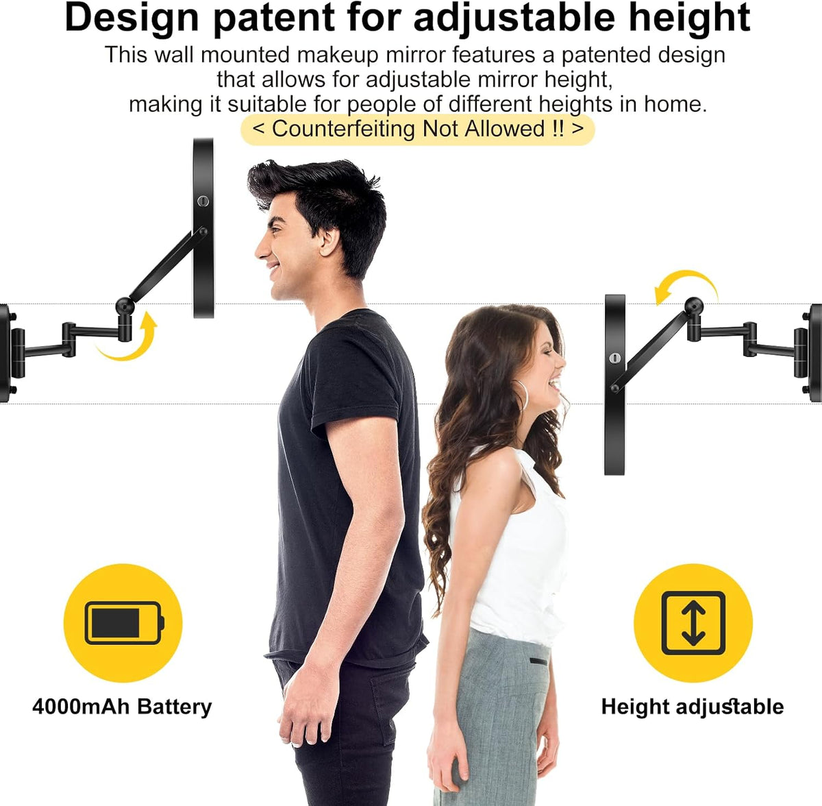 Espejo de maquillaje iluminado de pared de 9 pulgadas, espejo de aumento de doble cara recargable de 4000 mAh 1X/10X con luz, 3 luces de color, regulable al tacto, espejo de maquillaje montado en la pared con brazo extendido de rotación de 360 grados