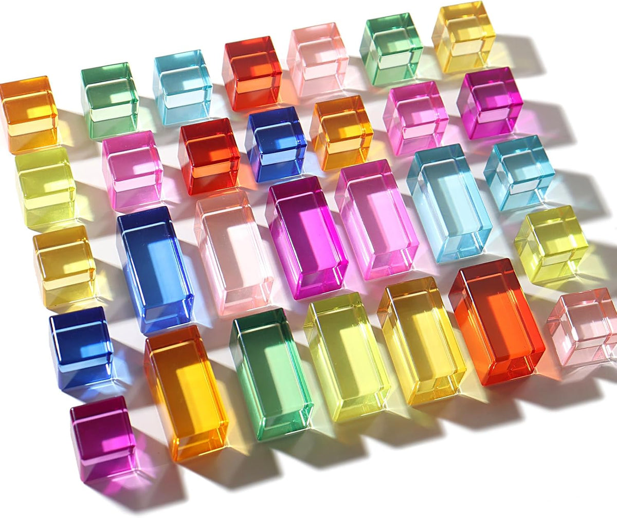 Juego de 30 bloques acrílicos mixtos – 10 largos (1.0 x 1.0 x 2.0 in) + 20 cubos (1.0 x 1.0 x 1.0 in), bloques de gemas arcoíris, juguete apilable sensorial para niños y niñas de 1, 2, 3, 4 años