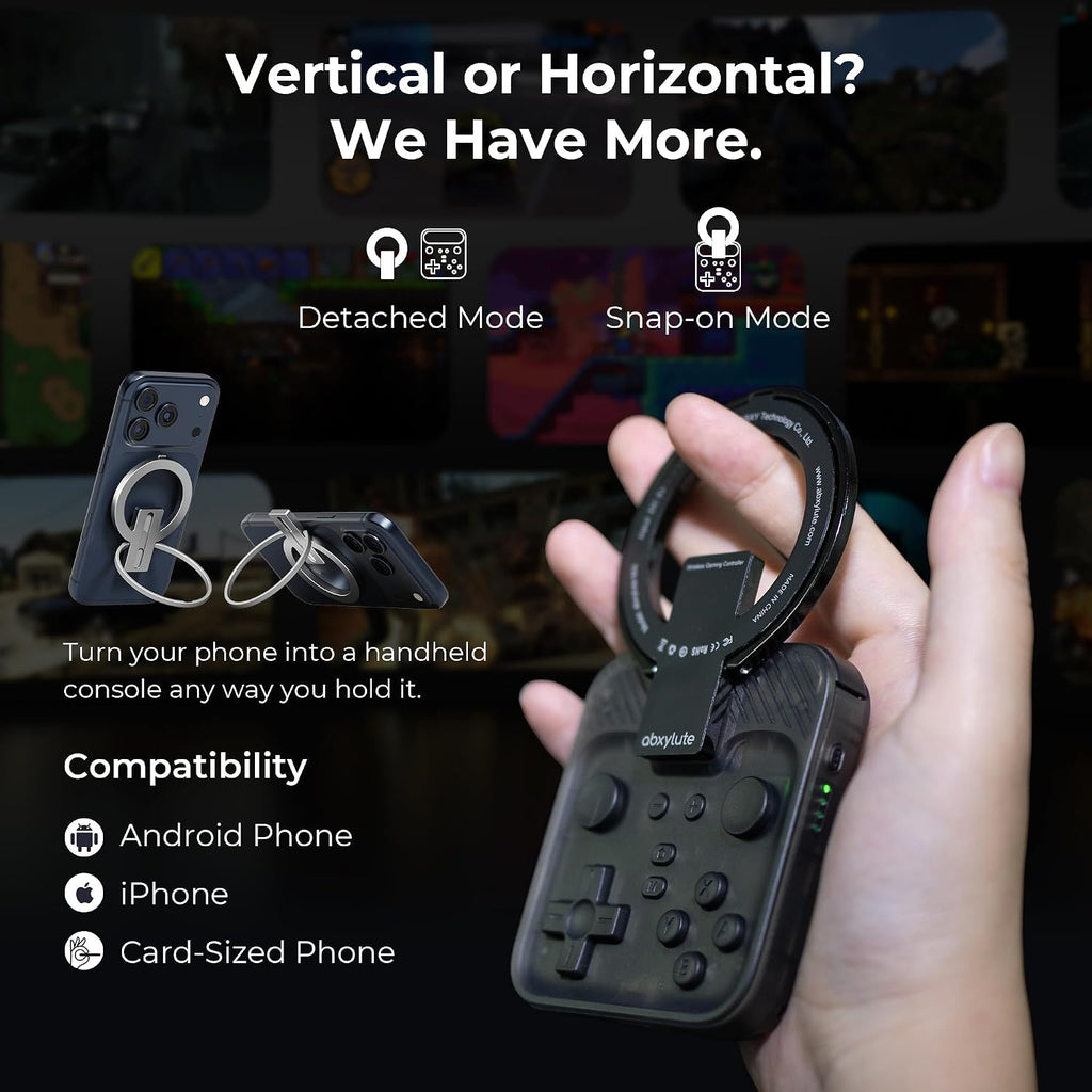 abxylute M4 Controlador Móvil Snap-On para Juegos para Android y iPhone, Switch 1 y 2, Controlador Bluetooth portátil, Gamepad retro para teléfono tamaño bolsillo con patilla, Doble joystick Turbo Pro Magnético