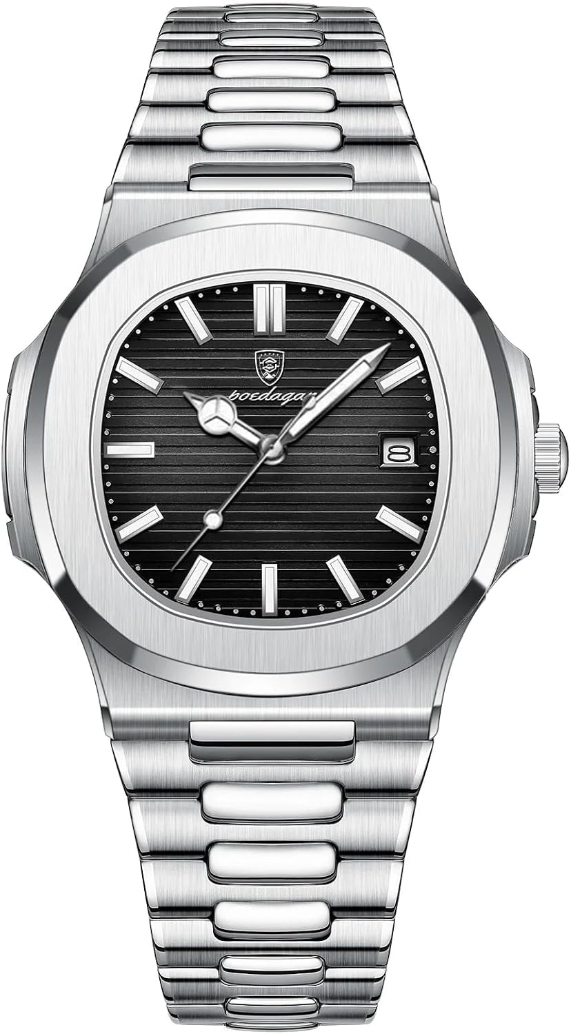 Poedagar Reloj de pulsera de moda para hombre, correa de acero inoxidable, reloj de cuarzo para hombre, impermeable, luminoso, fecha, cuadrado, relojes para hombre