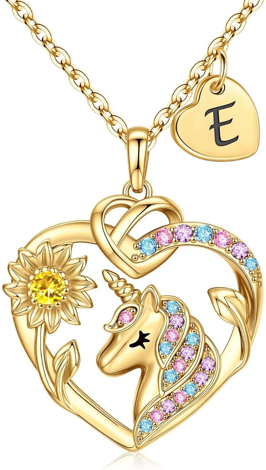 MONOOC Regalos para el día de la madre: regalos de unicornio de girasol para niños y niñas, chapado en oro de 14 quilates, collar de unicornio con inicial de circonita cúbica, collar de letras de