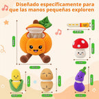 Juguetes sensoriales musicales, juguetes Montessori para bebés de 1 año de edad, frutas y verduras, 6 unidades | Juguete de peluche Montessori sensorial para jugar, juguete de aprendizaje con texturas