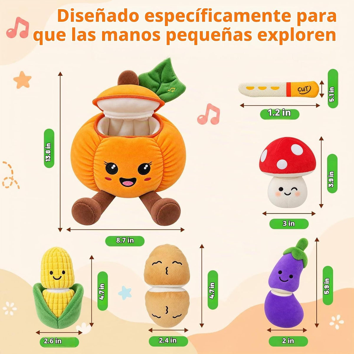 Juguetes sensoriales musicales, juguetes Montessori para bebés de 1 año de edad, frutas y verduras, 6 unidades | Juguete de peluche Montessori sensorial para jugar, juguete de aprendizaje con texturas
