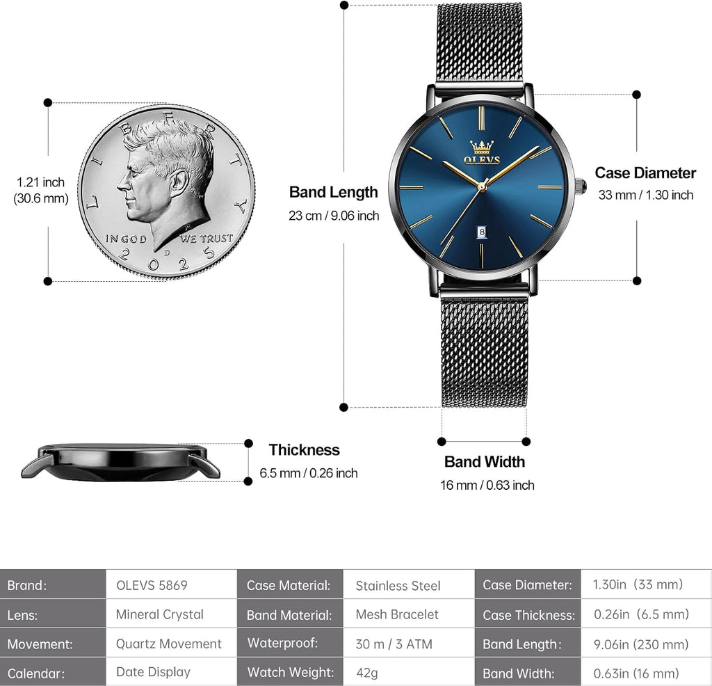 OLEVS Reloj de pulsera de malla para mujer, elegante cara grande de tres manecillas analógicas de cuarzo, reloj de pulsera femenino elegante y delgado con pantalla de fecha impermeable, relojes para