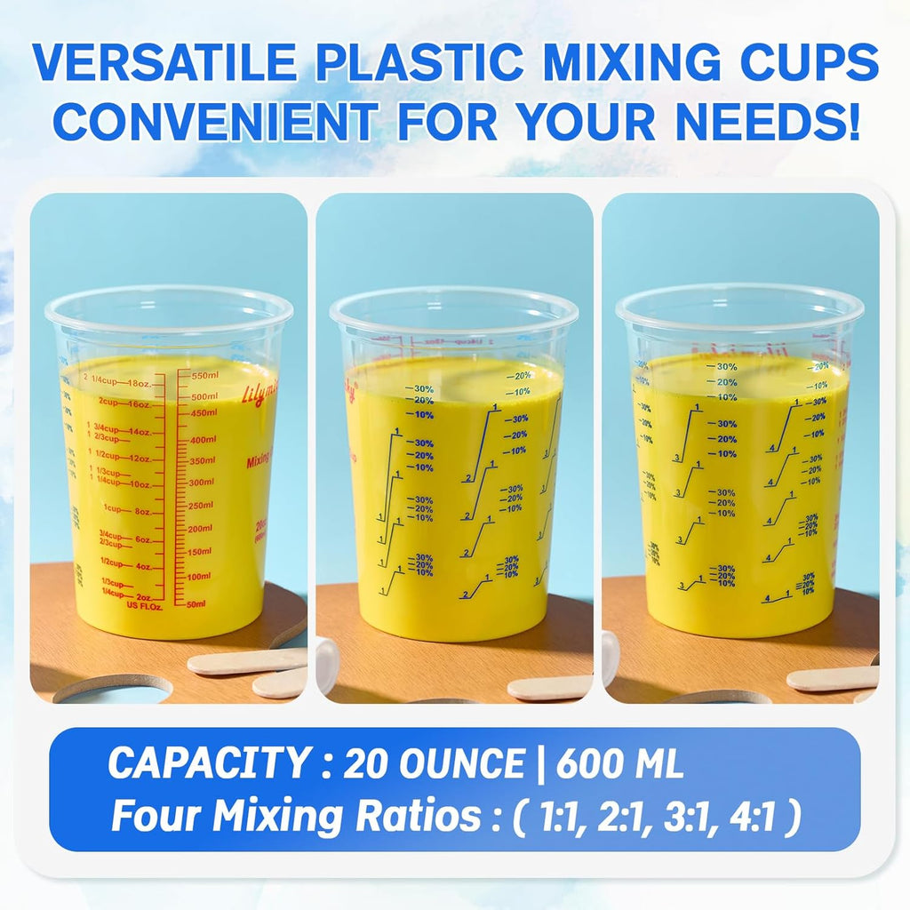 Paquete de 100 vasos de plástico para mezclar, 20 oz (600ml), vasos medidores desechables con 50 varillas de mezcla de madera, relaciones de medición: 2:1, 3:1, 4:1, adecuado para resina epoxi