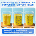 Paquete de 100 vasos de plástico para mezclar, 20 oz (600ml), vasos medidores desechables con 50 varillas de mezcla de madera, relaciones de medición: 2:1, 3:1, 4:1, adecuado para resina epoxi