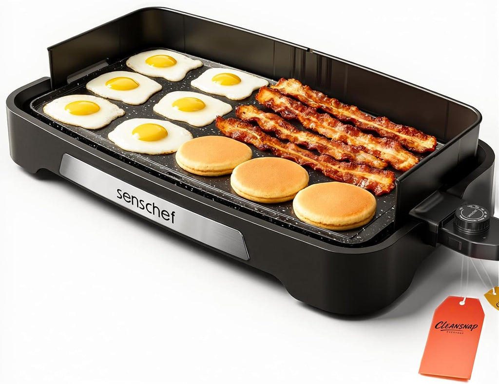 Cleansnap Everyday - Parrilla eléctrica antiadherente de 20 pulgadas con escudo plegable antisuciedad, calentamiento rápido de 1700 W, revestimiento ILAG Ultime, placa extraíble apta para lavavajillas, negro medianoche