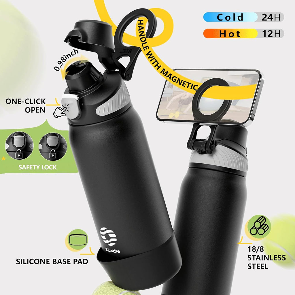 FJbottle Botella de agua aislada con soporte magnético para teléfono, frasco deportivo de acero inoxidable a prueba de fugas, función de trípode para gimnasio, entrenamiento, 32 onzas, color negro