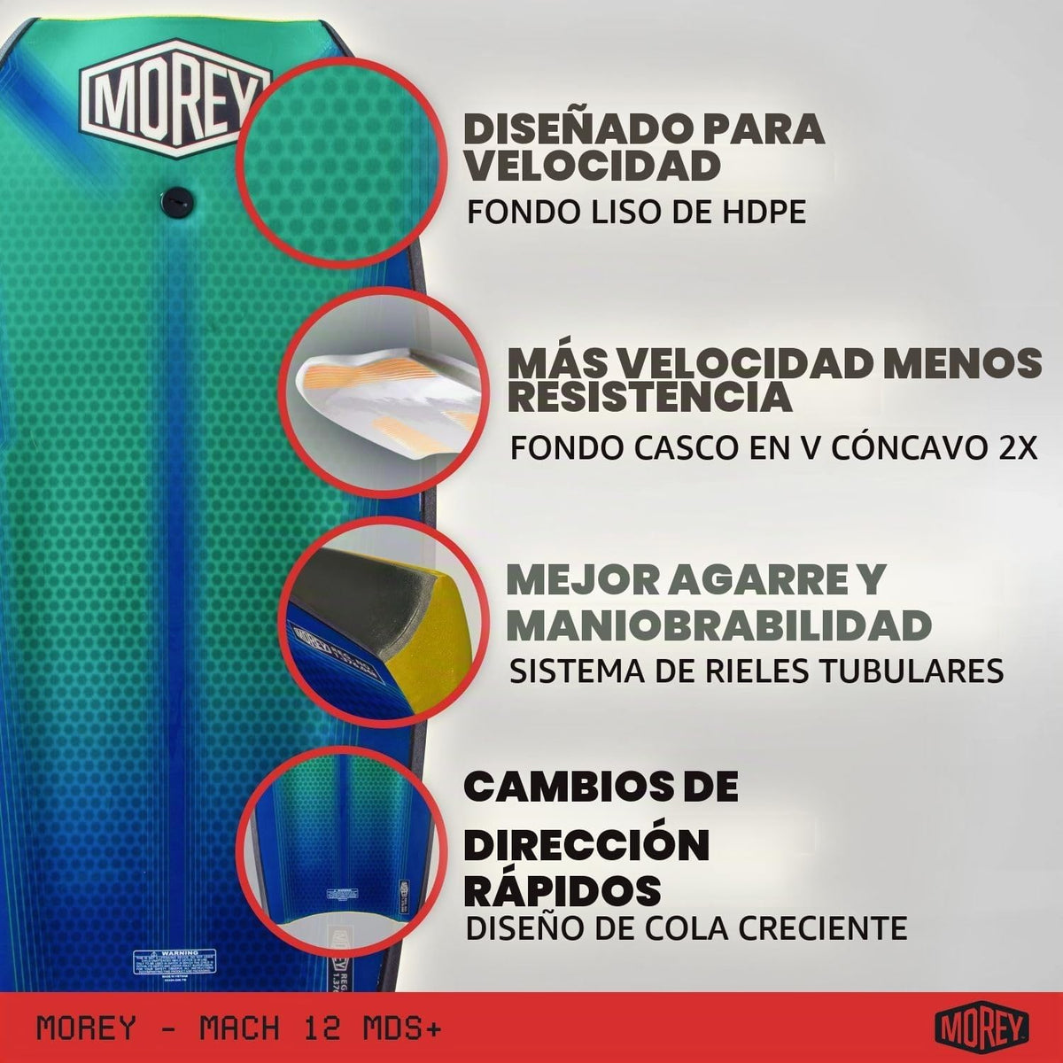 MOREY® Tabla Boogie. Mach 12 MDS, bodyboard de 42.5 pulgadas. Tablas de cuerpo de velocidad dinámica para playa, para todos los niveles de habilidad, cuerda de fibra de vidrio integrada, con correa de