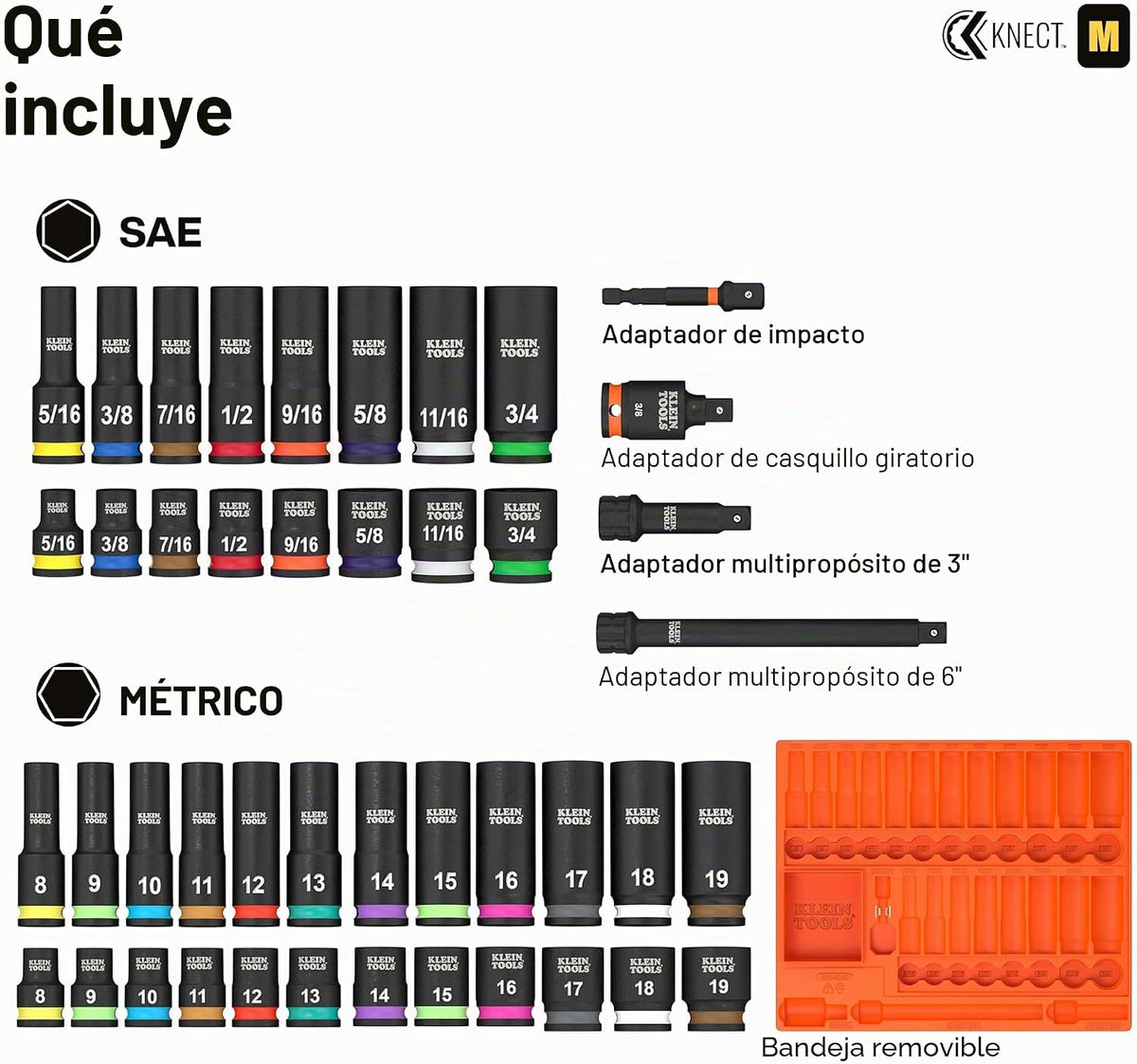 Klein Tools 65148HD KNECT Juego de llaves de impacto profundas y poco profundas, unidad de 3/8 pulgadas, SAE y métrico, juego de herramientas de 44 piezas, destornillador de impacto