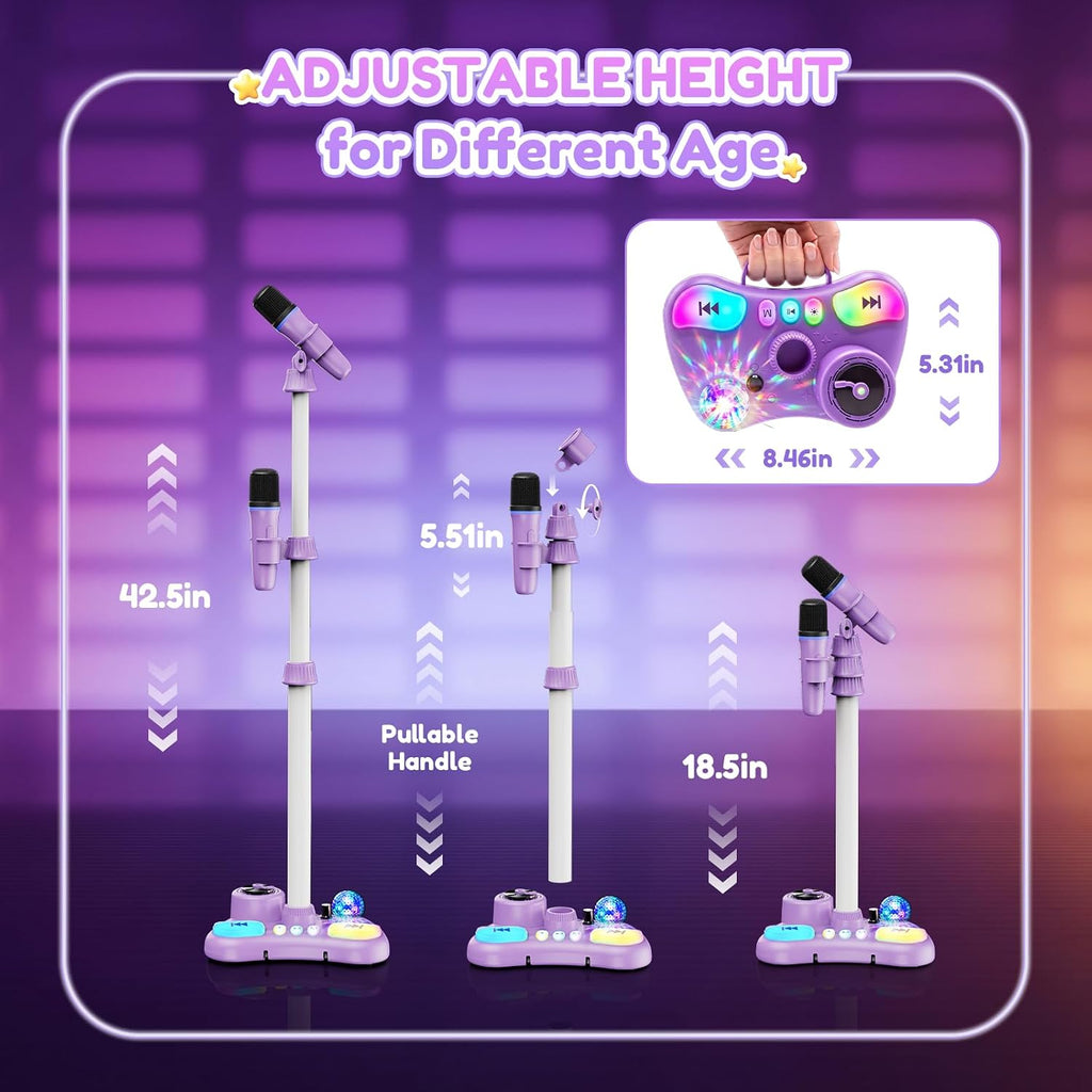 Máquina de karaoke con soporte para niños, micrófono de karaoke recargable con luz de discoteca y 2 micrófonos inalámbricos, juguetes de canto de Navidad, regalos de cumpleaños para niñas de 3, 4, 5