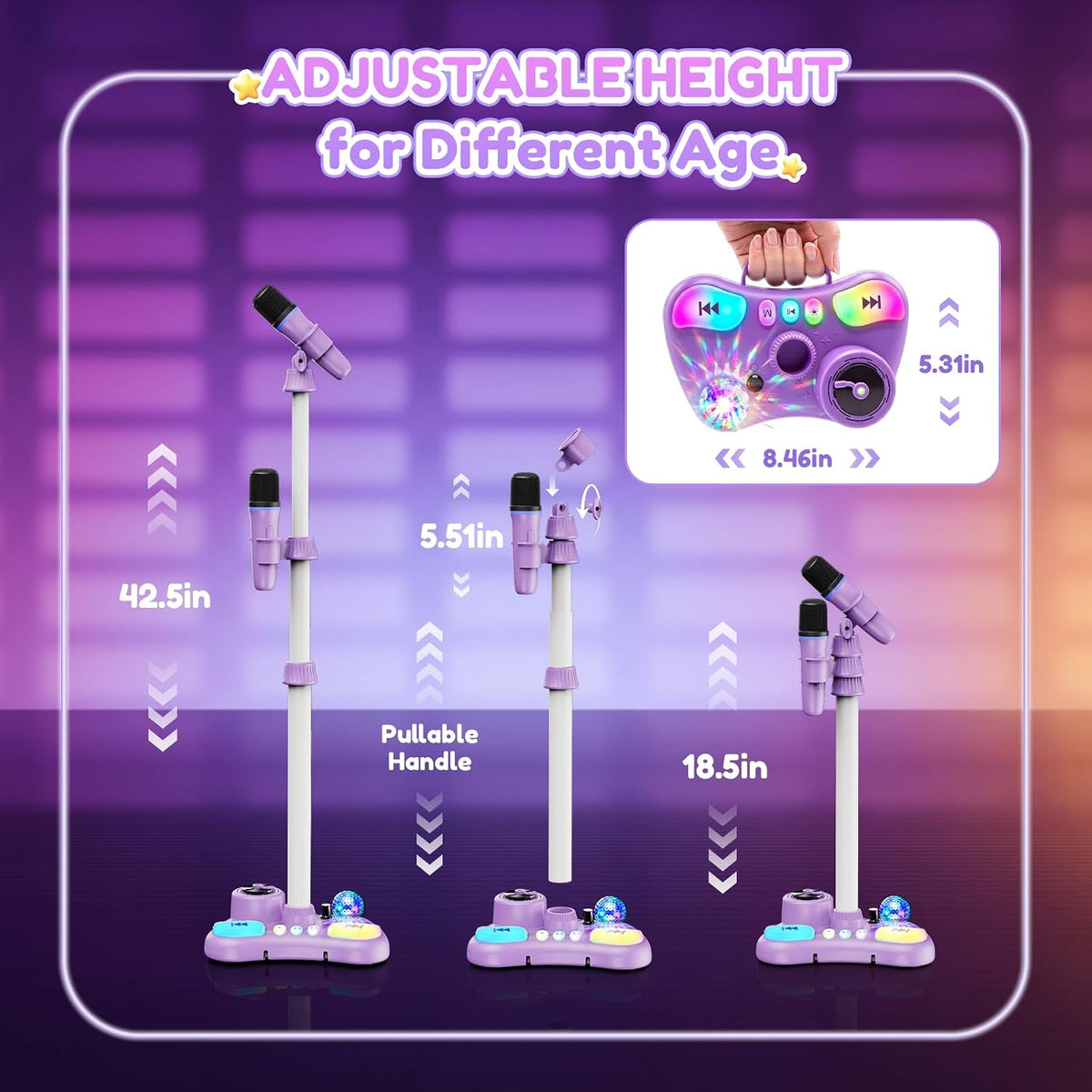 Máquina de karaoke con soporte para niños, micrófono de karaoke recargable con luz de discoteca y 2 micrófonos inalámbricos, juguetes de canto de Navidad, regalos de cumpleaños para niñas de 3, 4, 5