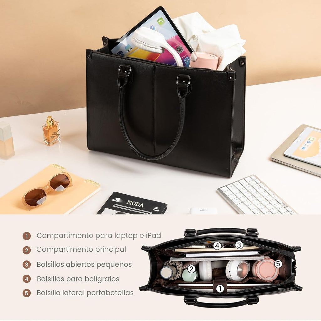 LOVEVOOK - Bolsa de mano para laptop para mujer, bolsa de trabajo profesional de 17.3 pulgadas con embrague a juego, bolsa de cuero vintage impermeable para computadora, oficina, viajes de negocios y uso diario, regalo para mujeres