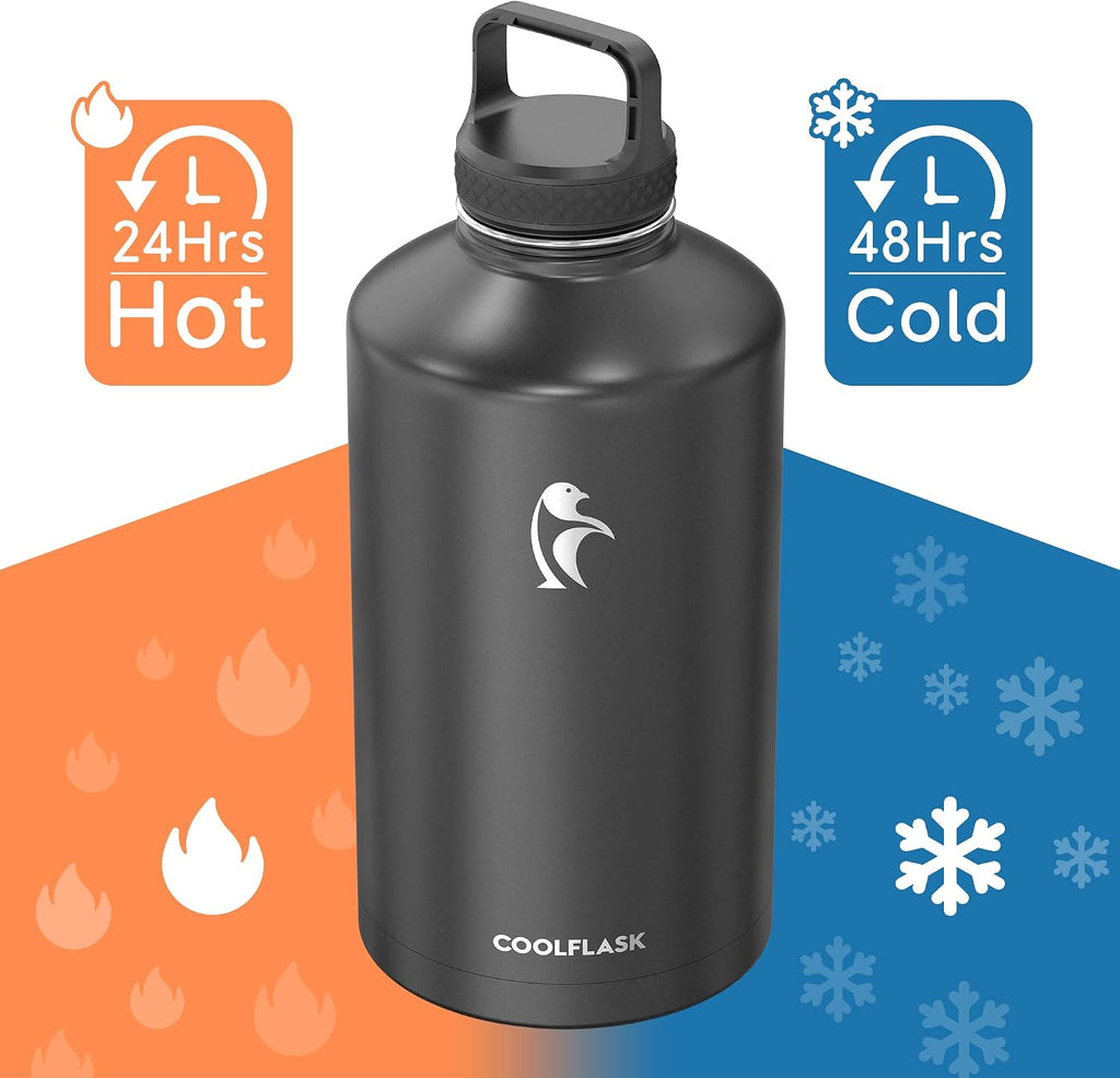 Coolflask Botella de agua de 128 onzas aislada con popote y 3 tapas a