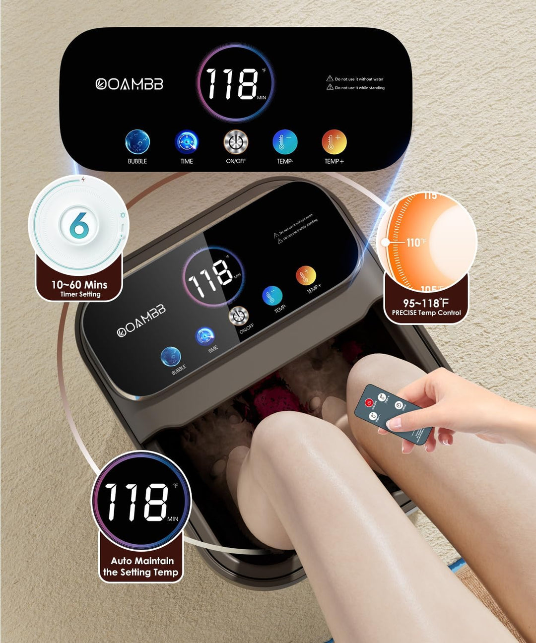 OOAMBB Spa de pies plegable con calor, burbujas, control de tempera...