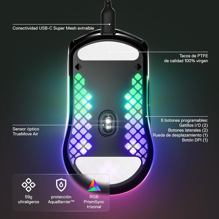 SteelSeries Aerox 3 - Ratón Gaming RGB con Perforaciones - Diseño U...