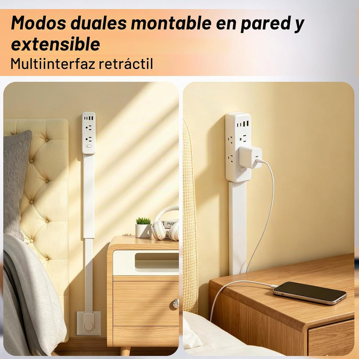 Extensor de tomacorriente: cuenta con 2 USB-A, 2 salidas USB-C y 6 salidas de CA, se extiende de 22 a 35 pulgadas, gira 360° de acceso de difícil acceso, enchufes de pared, mesitas de noche, sofás