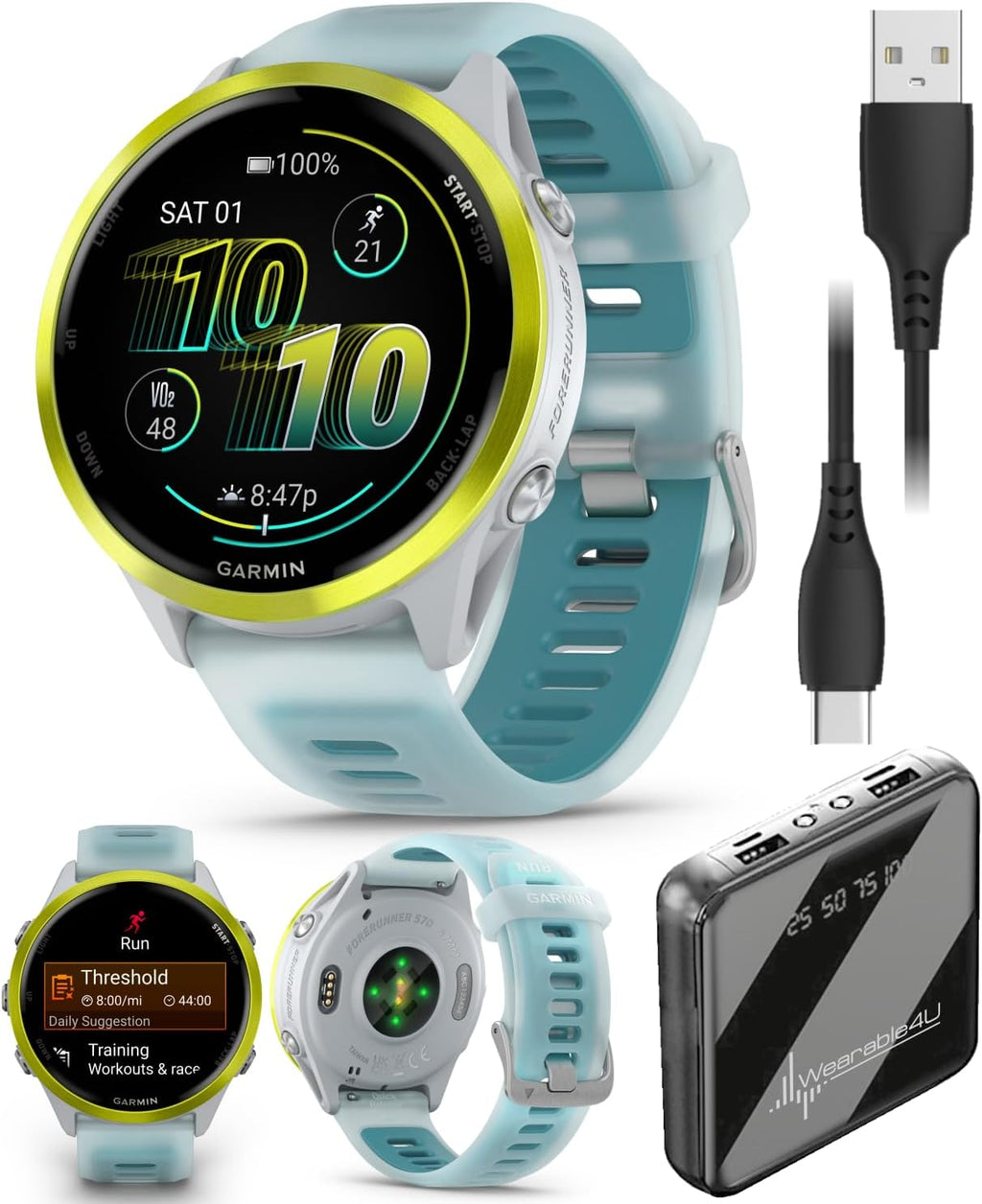 Garmin Forerunner 570 47mm reloj inteligente avanzado para correr y triatlón GPS, pantalla AMOLED, entrenamiento y recuperación, aluminio amarillo brillante con banda de piedra blanca translúcida