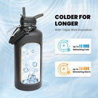 RAYMYLO Botella de acero inoxidable|Aislamiento al vacío de triple pared (fría por hasta 48 horas)|A prueba de fugas|Sin BPA|Con cuerda de paracaídas|Tapa con boquilla y popote|87 oz|Negro mágico