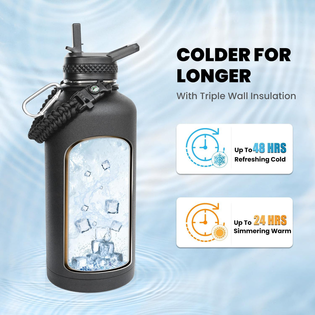 RAYMYLO Botella de acero inoxidable|Aislamiento al vacío de triple pared (fría por hasta 48 horas)|A prueba de fugas|Sin BPA|Con cuerda de paracaídas|Tapa con boquilla y popote|87 oz|Negro mágico