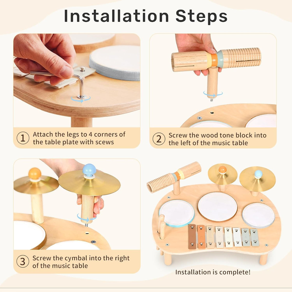 Juego de batería para bebé, instrumentos musicales de madera de