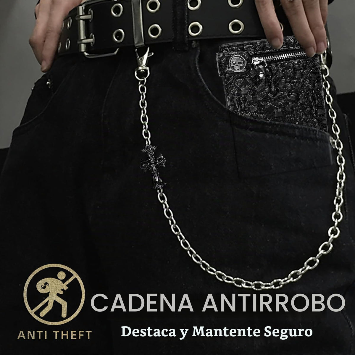 Cartera unisex gótica con cadena de calavera punk, cuero sintético, accesorios góticos de Halloween, color negro