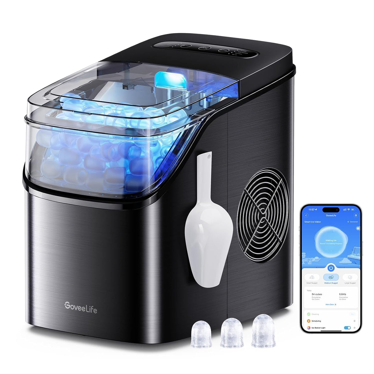 GoveeLife - Máquina inteligente para hacer hielo de encimera, máquina portátil para hacer hielo con control de voz, 9 cubos de hielo en 6 minutos, 3 tamaños, 12 kg/24 horas, autolimpieza, luces RGB