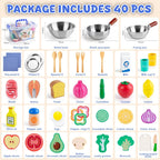 Juboury Wooden Play Food Sets para Kid Kitchen con Stainless Steel Cookware
