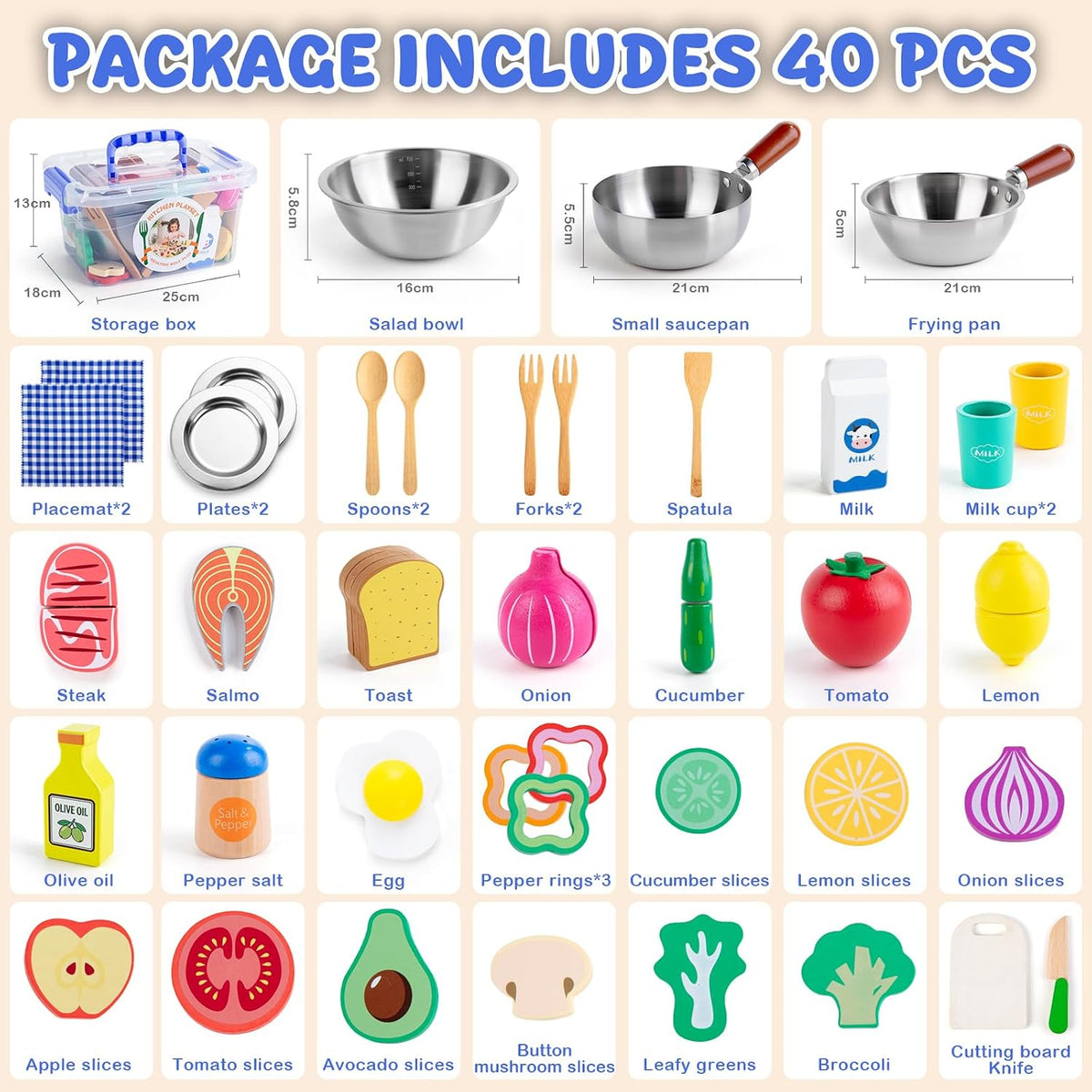 Juboury Wooden Play Food Sets para Kid Kitchen con Stainless Steel Cookware