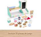 Fisher-Price Wood Pretend Play Coffee Shop & Toy Register, juego de comida de madera de 20 piezas para niños preescolares a partir de 3 años