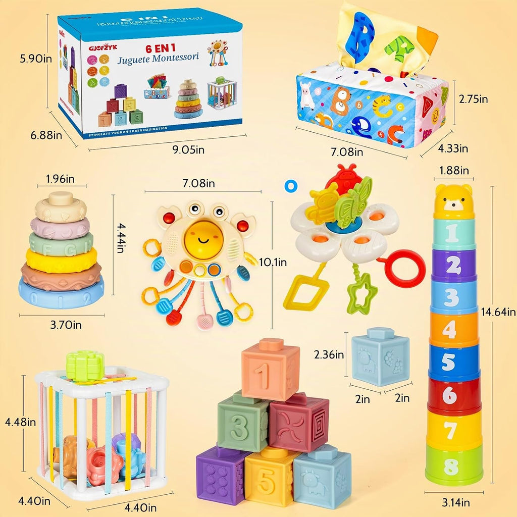 6 en 1 Juego Montessori para Bebés, Set Sensorial para Recién Nacidos, Regalo de Aprendizaje Temprano