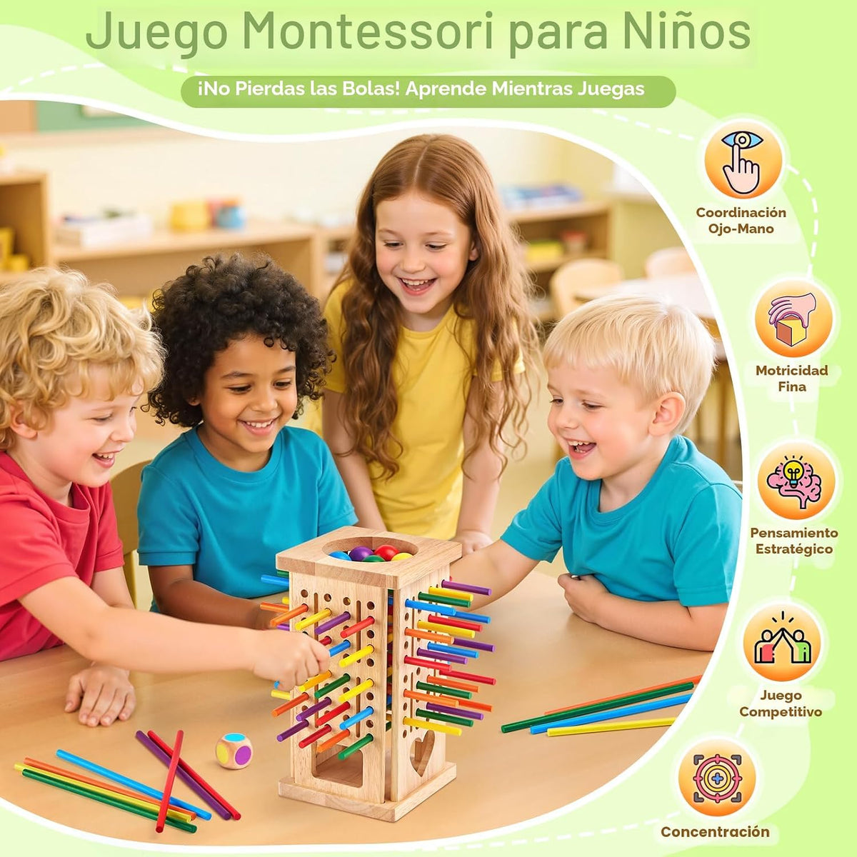 Montessori - Juegos de mesa de madera, 42 palos coloridos juguetes de aprendizaje de matemáticas para niños de 3, 4, 5, 6 años, juegos de mesa para niños de 4 a 6 años, juguete de habilidades motoras finas, juego de viaje familiar, regalos para niños y